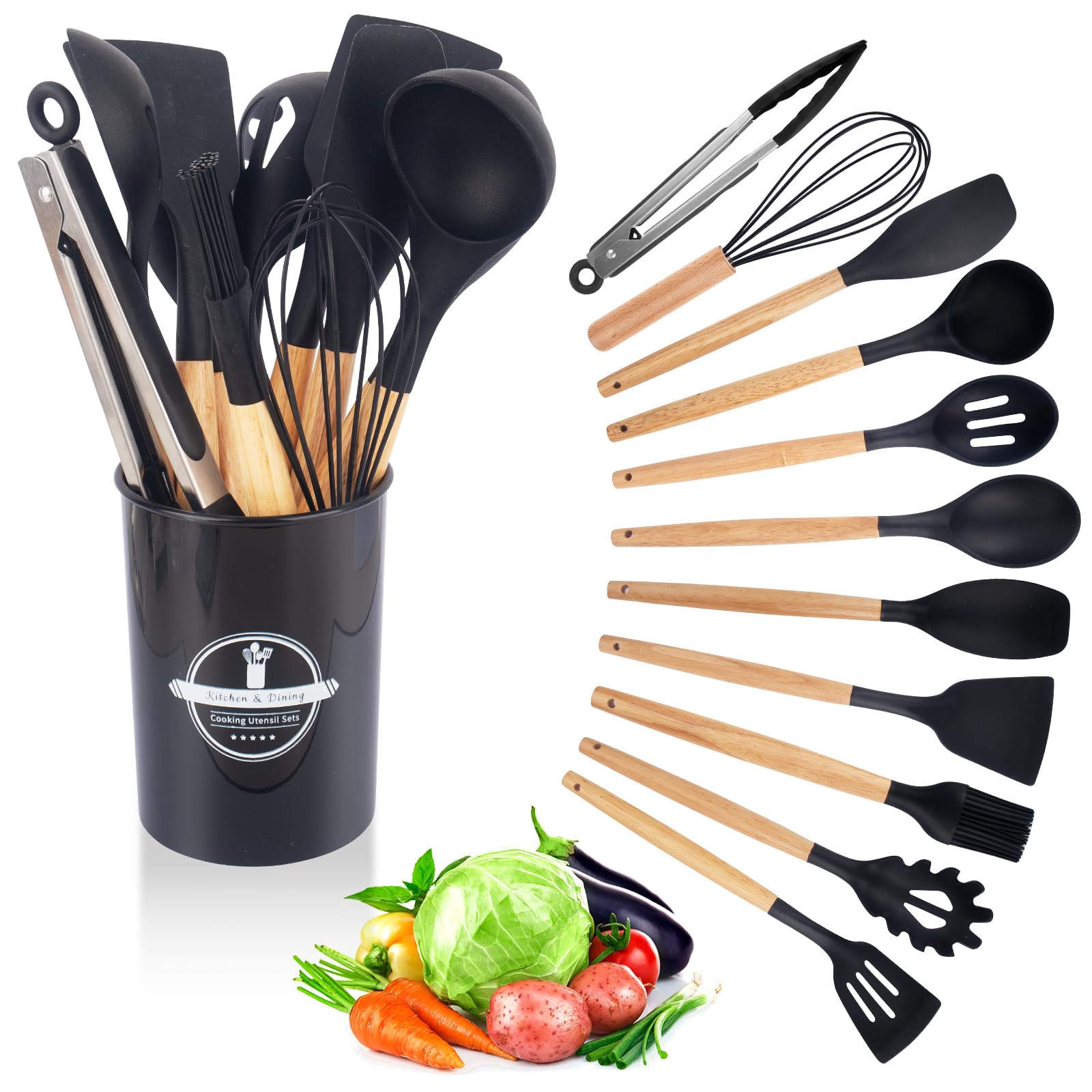 Kitchen Utensil Set 12 PCS Silicone Cooking Utensils Set with Wooden Handle Non-Stick Cooking Spoons Utensil Sets Silicone Kitchen Utensils Set Heat Resistant Kitchen Tools Heat Resistant Set (Black)
