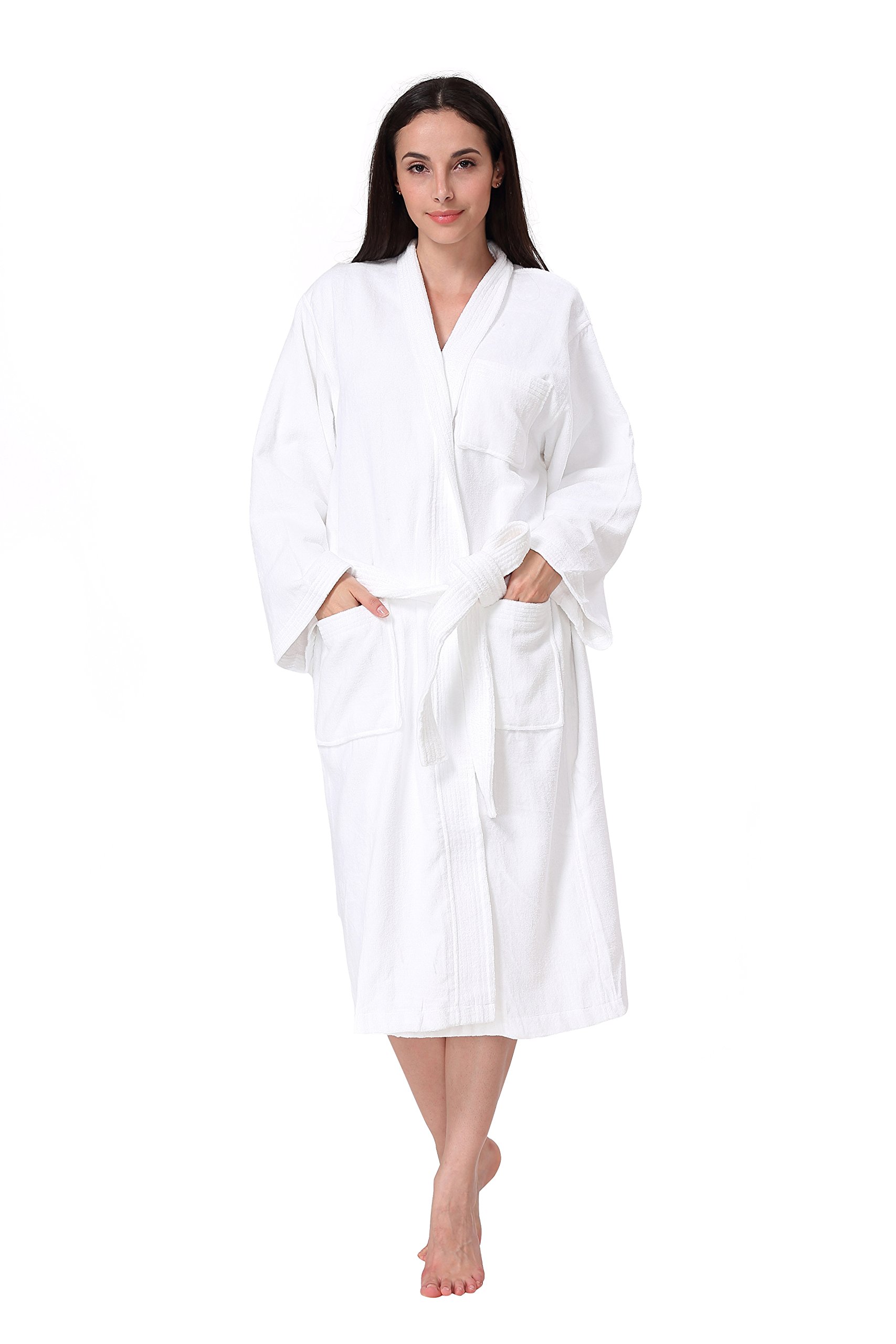 Acanva Women's Men's Terry Robe Plush Cotton Spa Kimono Bathrobe, White