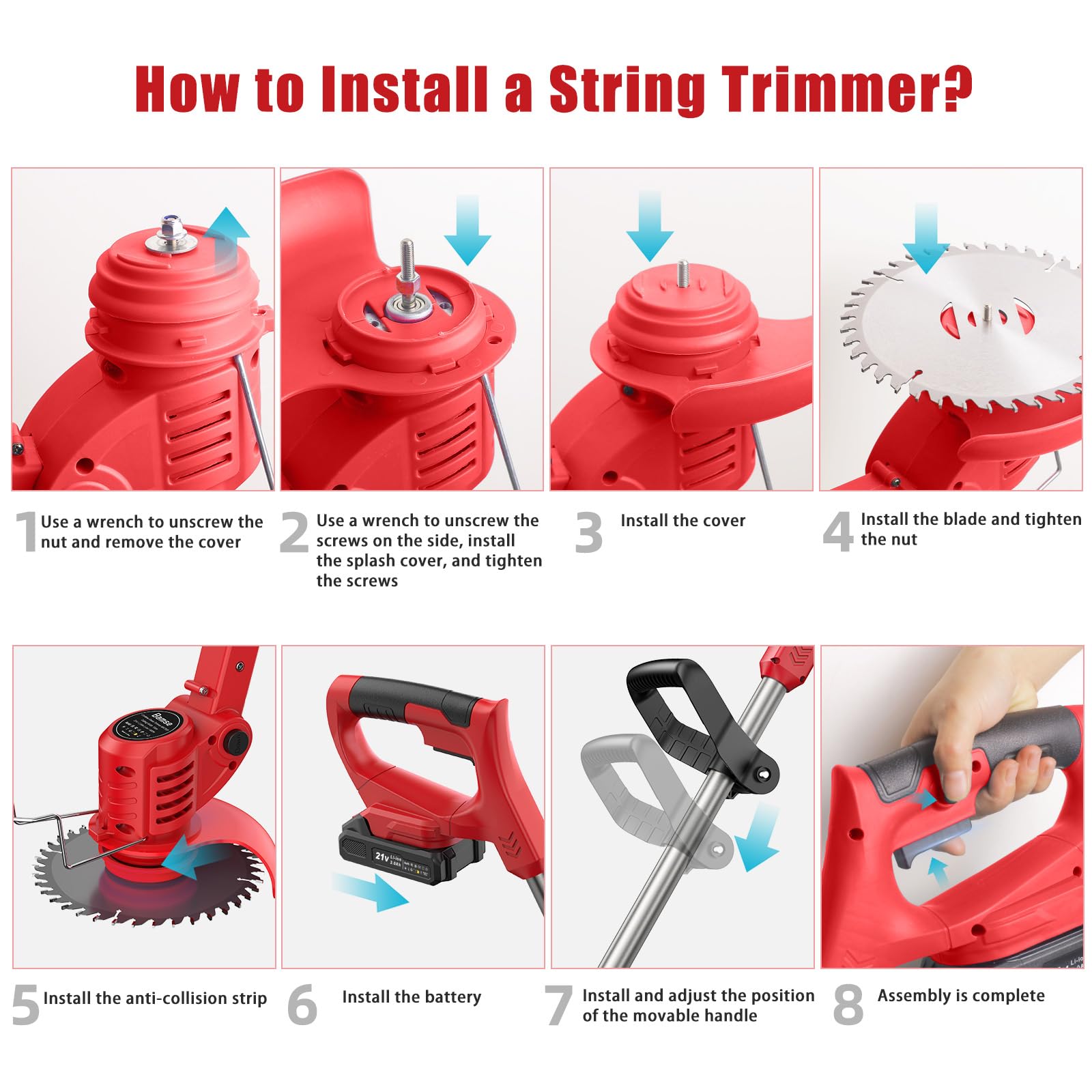 Bamse Rasentrimmer mit Akku – Akku Rasentrimmer, 11000 U/min, 2x2000mAh, Teleskopgriff 85–120cm, 2 Schneidköpfe – Freischneider Akku für Garten, Motorsense, Kantenschneider Rasen, Rot 7