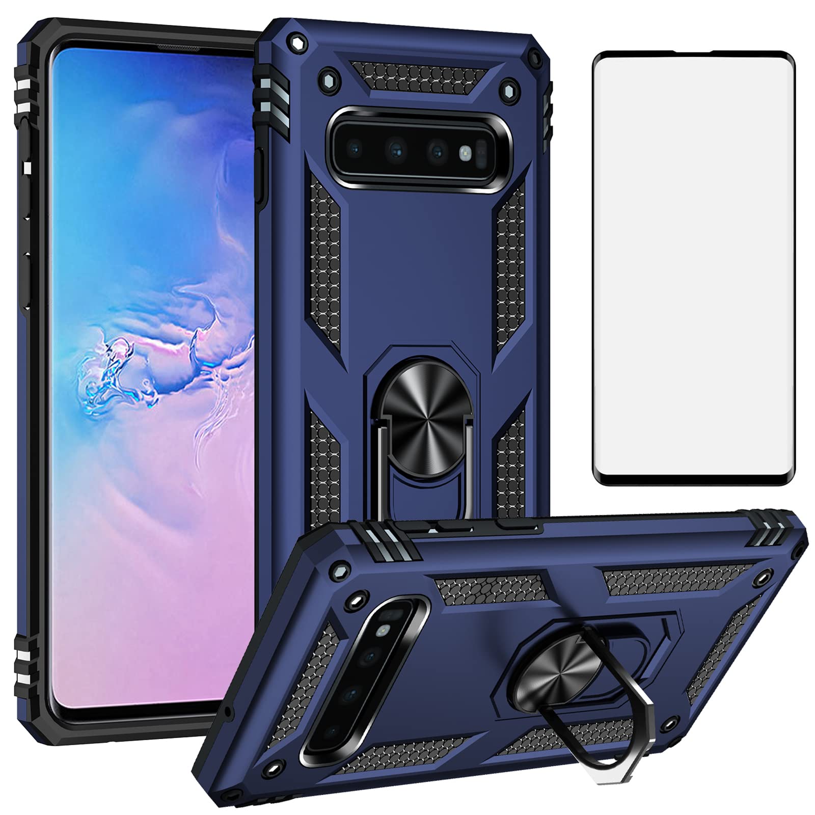 Phone Case for Samsung Galaxy S10 with Tempered Glass Screen Protector Cover And Magnetic Rugged Stand Ring Holder Mobile Accessories Protective Hard Shockproof Bumper S 10 10S GS10 SX Girls Men Blue