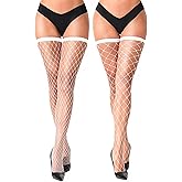 VOAKOW 2 Pairs Thigh High Fishnet Stockings Sparkly Fishnet Tights for Women, Rhinestone Fishnets Stockings