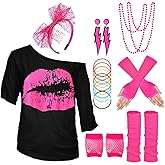 WILDPARTY 80s Costume Accessories for Women, 80's Print Off Shoulder T-Shirt Headband Earring Necklace Fishnet Gloves Legwarmers for 80s Party Halloween 80s Outfit for Women 22PCS (Pink XS)