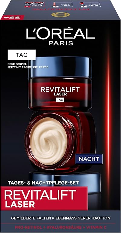 L'Oréal Paris Gesichtspflege Set, Anti-Aging Tagespflege und Nachtpflege mit 3-fach Wirkung - mit Pro-Retinol, Hyaluron und Vitamin C, Revitalift Laser, 2 x 50 ml