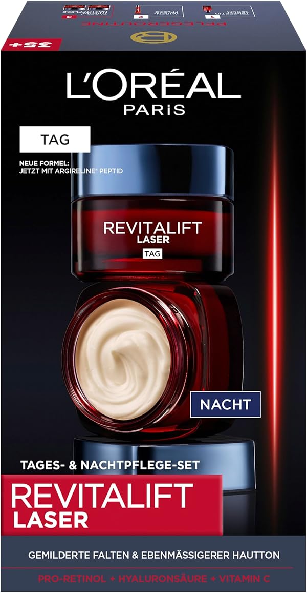 L'Oréal Paris Gesichtspflege Set, Anti-Aging Tagespflege und Nachtpflege mit 3-fach Wirkung - mit Pro-Retinol, Hyaluron und Vitamin C, Revitalift Laser, 2 x 50 ml