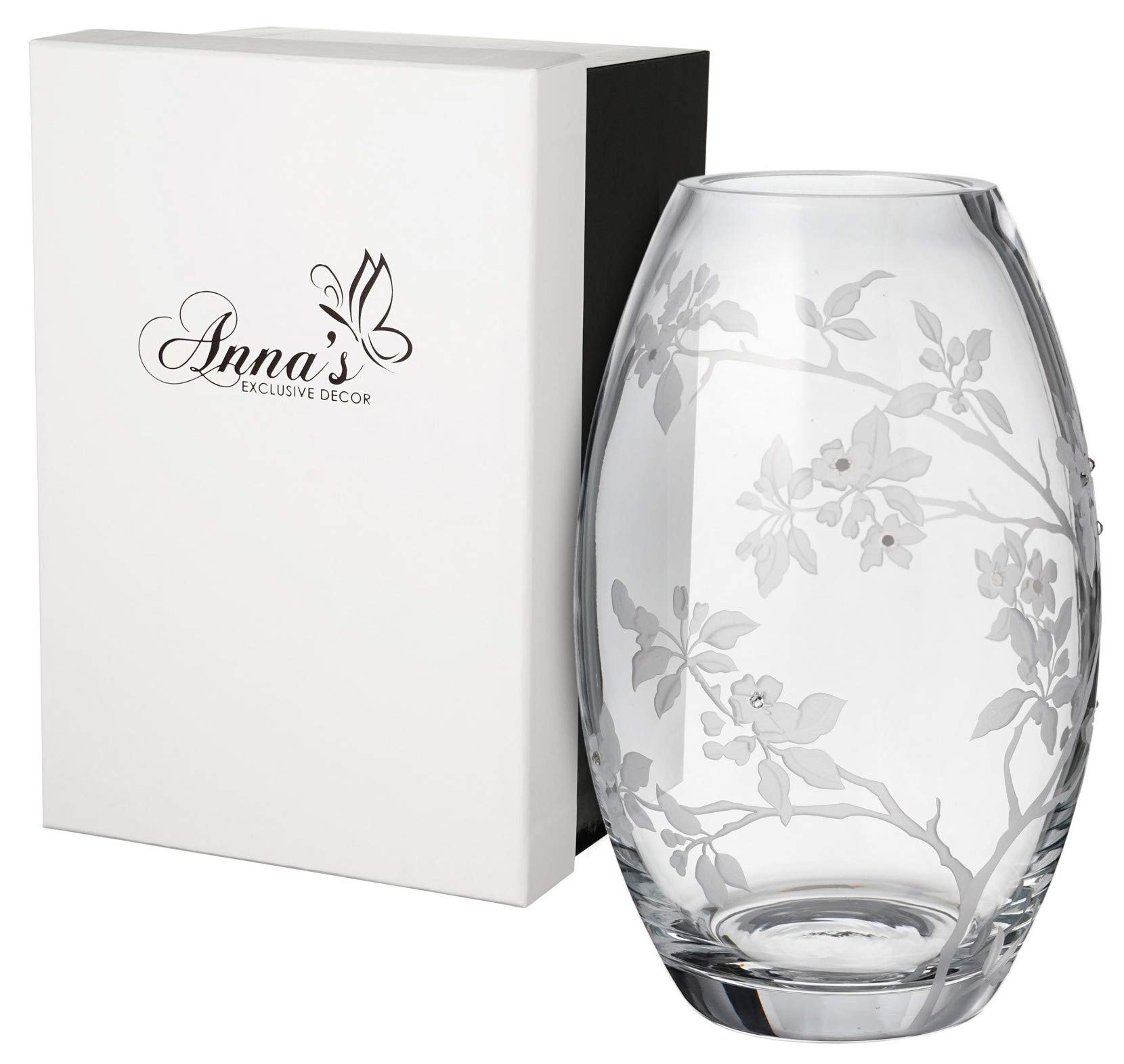 Luxury Glass Vase - Decorated with Crystals and Etched Flowers - Satin Lined Gift Box - Premium Mouth Blown Glass Centerpiece - 9.1 in (23 cm)