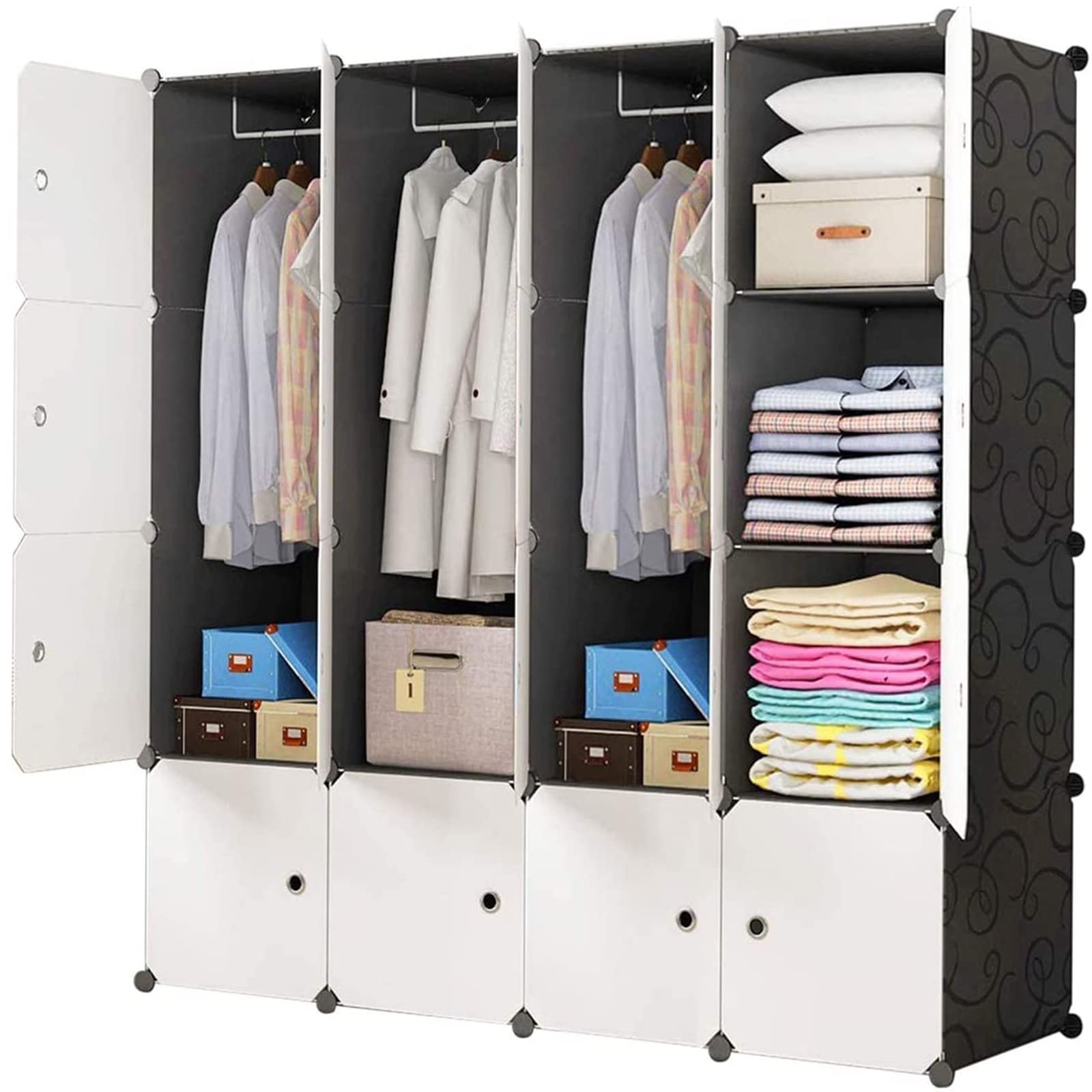BRIAN & DANY 16 Cube Portable Wardrobe Closet, Modular Storage Organizer with Doors & 3 Hangers, Deeper Cubes for Larger Space