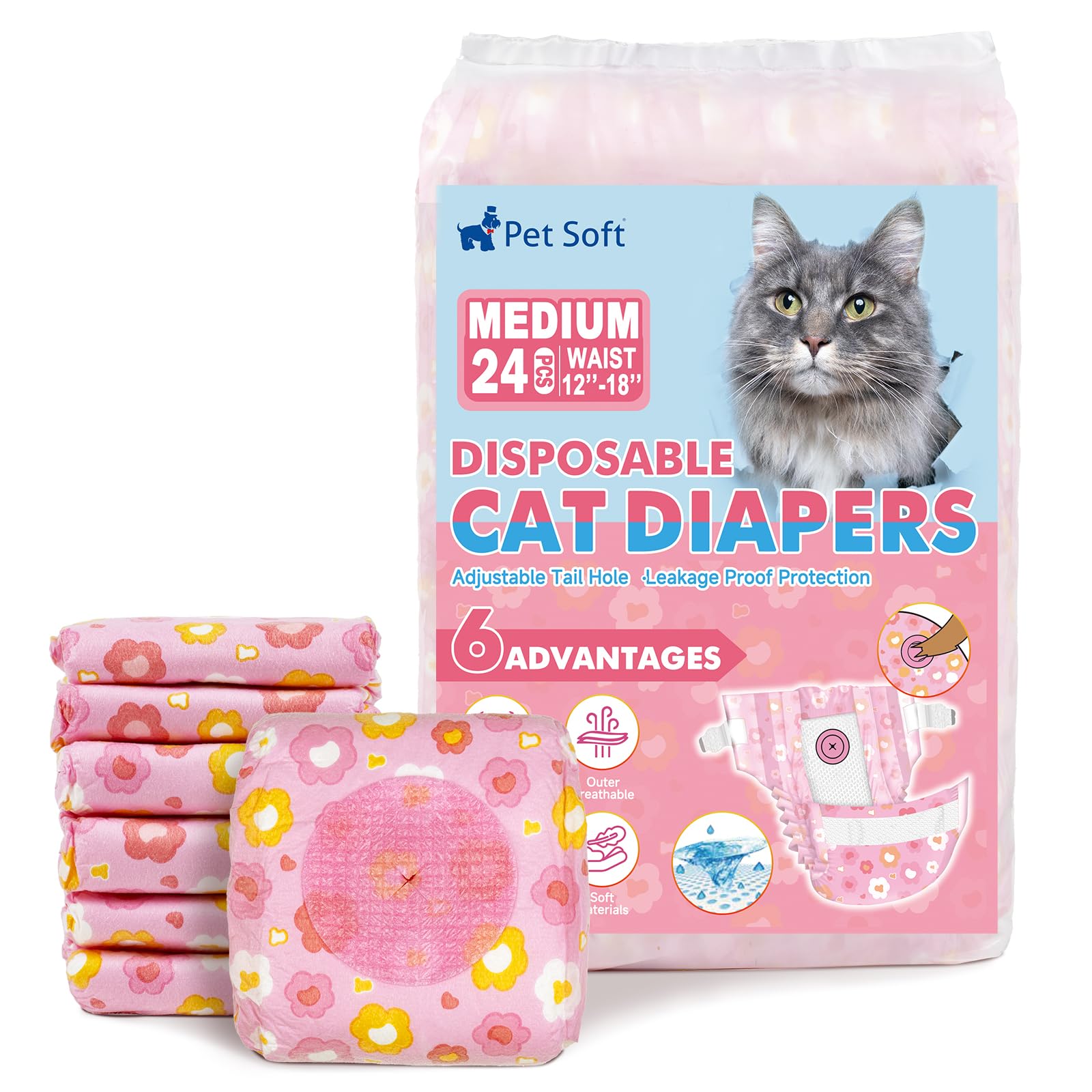 Photo 1 of Pet Soft Disposable Cat Diapers - Diaper for Female & Male Cats, Puppy Doggie Diapers for Female Dogs with Adjustable Foam Tail Hole, Medium (24Pcs, PK Flowers)