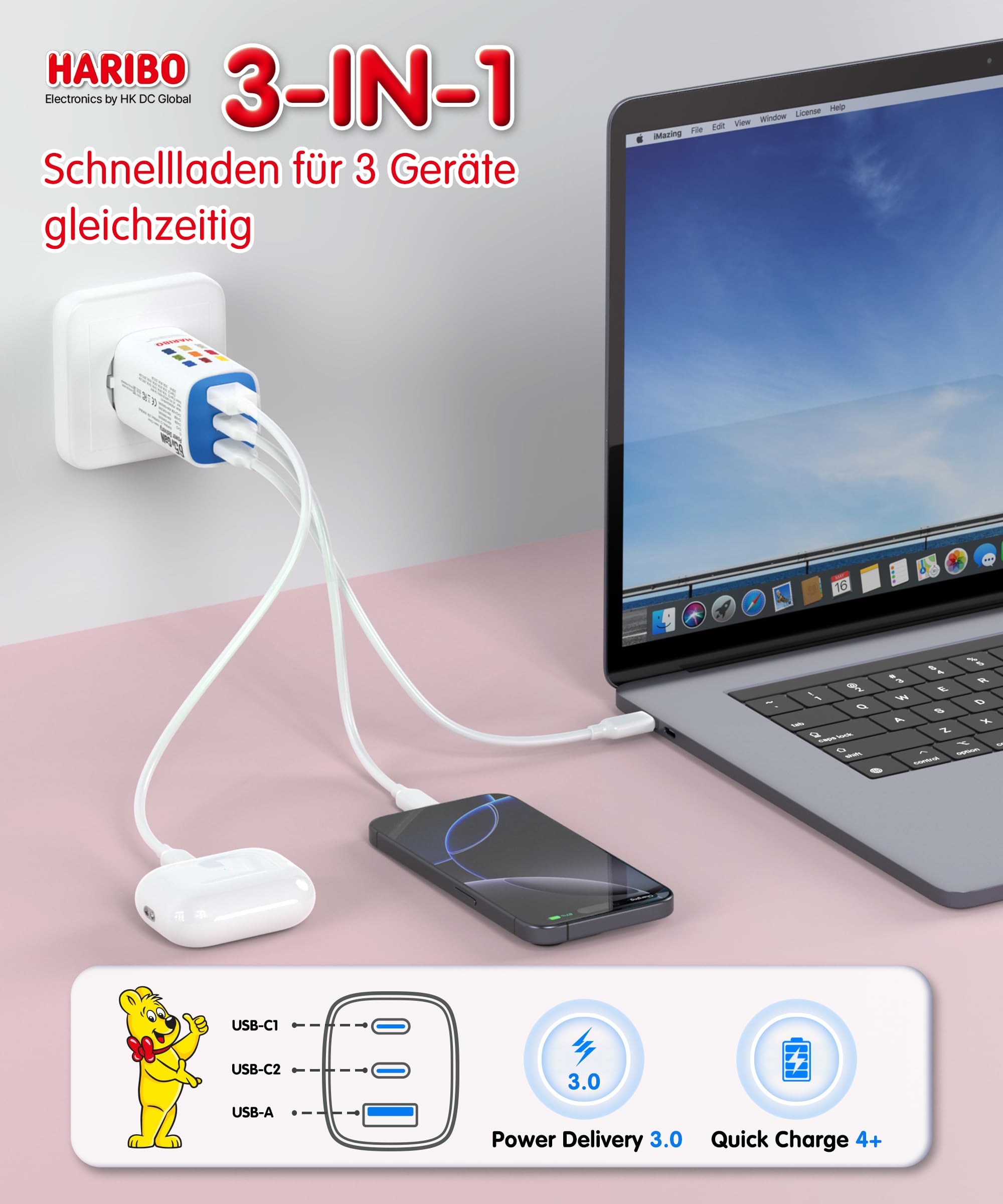 HARIBO USB C Ladegerät 65W 3-Port USB-C Netzteil Schnellladegerät PD PPS kompatibel mit MacBook, für iPhone 17/16/15, iPad, Galaxy S25/S24, Pixel, Steam, Sicherheit Stecker mit Erdung, Geschenk, Blau 3