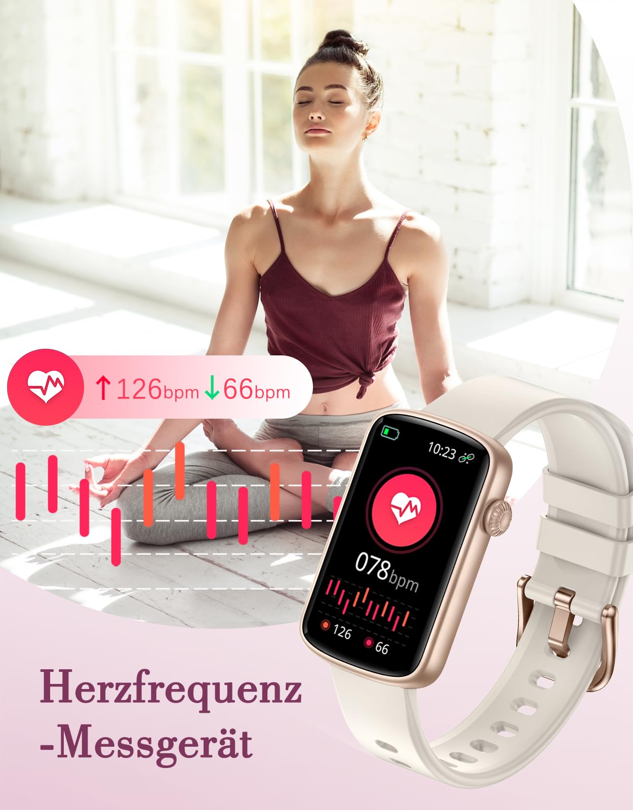 Smartwatch Damen 1.47'' Schmal Fitnessuhr mit Herzfrequenz SpO2 Schlafüberwachung Schrittzähler Kalorienzähler Menstruationszyklus Anruf Whatsapp Mitteilungen Fitness Tracker für Android iOS 3