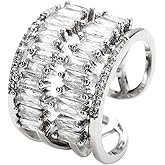 Jojomina Silver Adjustable Baguette Statement Rings for Women Chunky Crystal Rhinestone Cocktail Ring for Party Engagement Wedding Anniversary