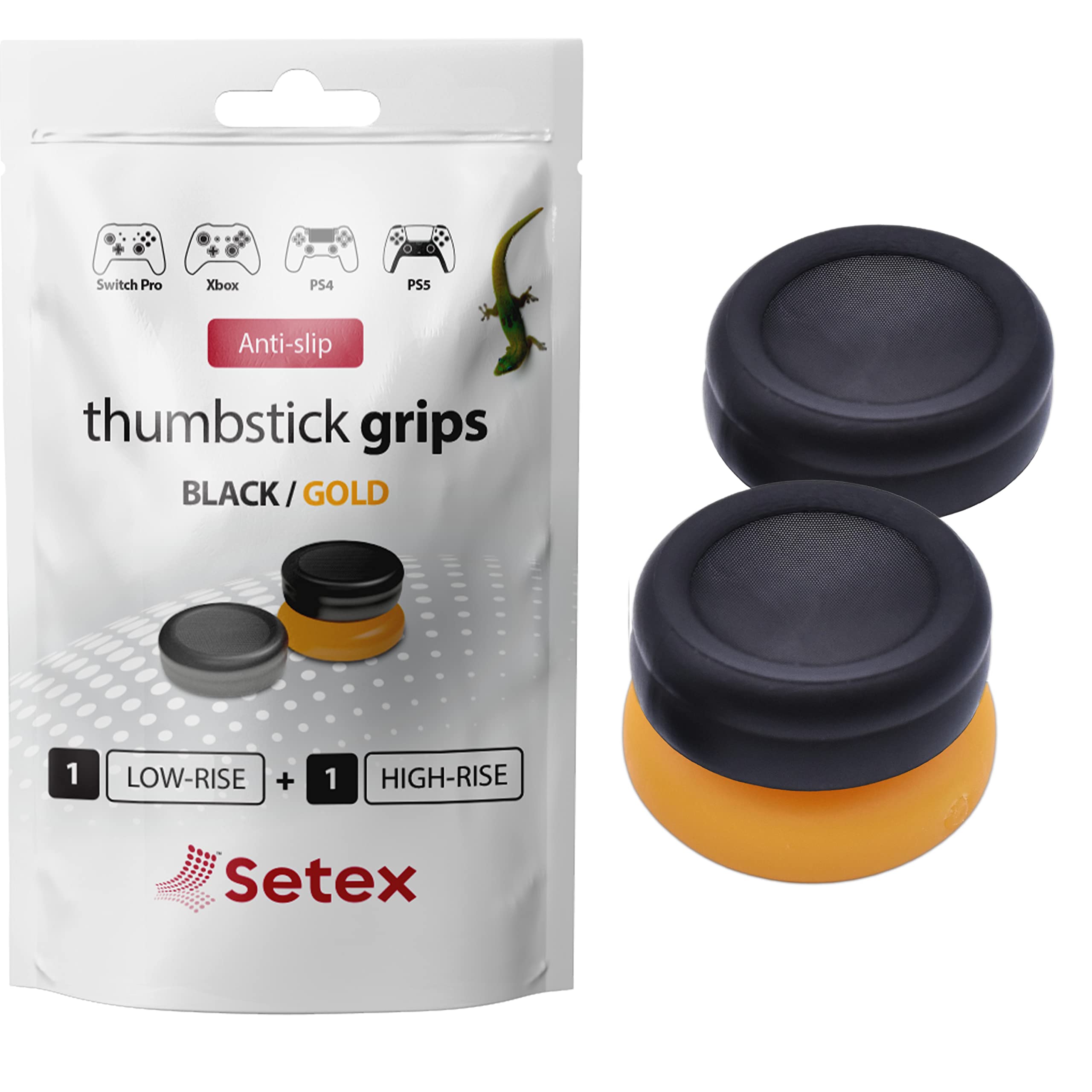 Setex Gecko Grip, 1 High Rise + 1 Low Rise Thumbstick Grip Covers, for PlayStation PS5, PS4, Xbox One, Steam Deck, Anti-Slip Microstructured Analog Stick Thumb Grips, Black & Gold, Covers Only