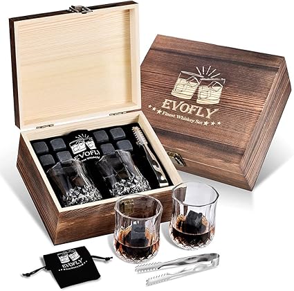 Amazon ウイスキーストーンギフトセット スコッチバーボングラス クールでユニークな誕生日プレゼント 男性 お父様 おじい様へのギフトに 恋人 彼氏 旦那様に クリスマス 記念日 結婚式 退職の贈り物に最適 Evofly バーセット
