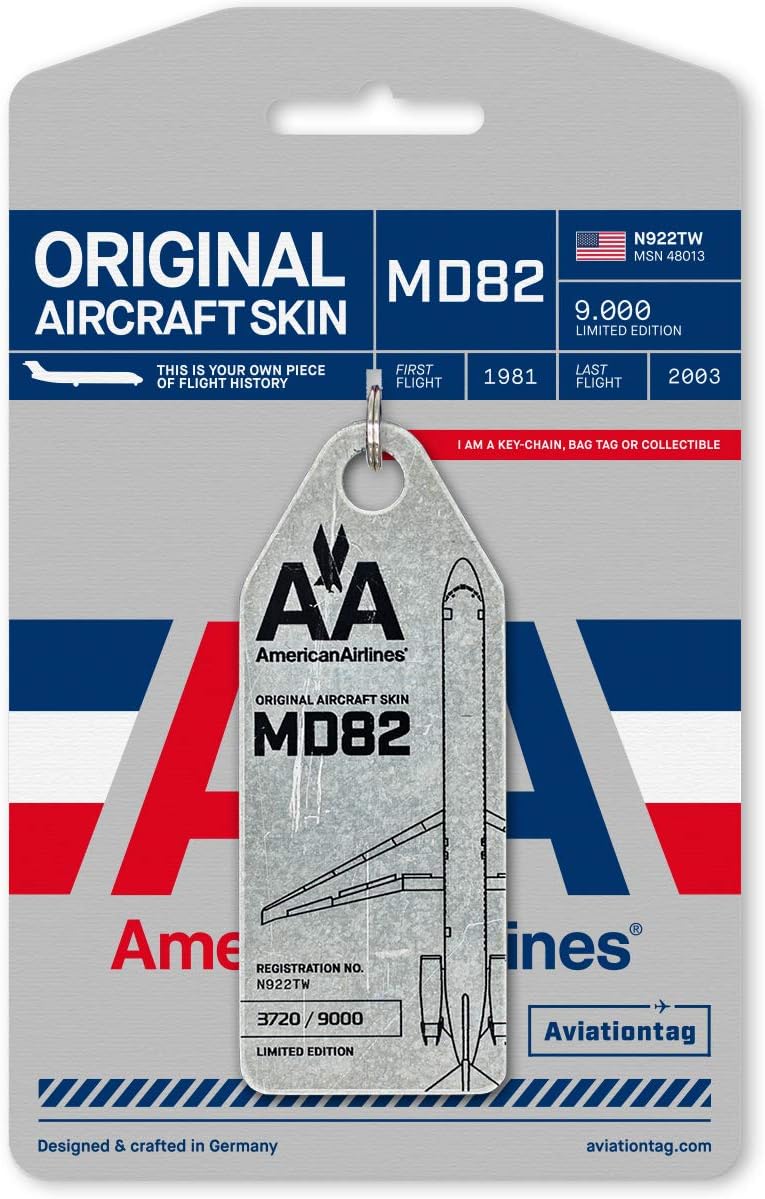 AVT057 AviationTag Mcdonnell Douglas MD-82 (American Airlines) Reg #N922TW Aluminum Original Aircraft Skin Keychain/Luggage Tag/Etc with Lost & Found Feature