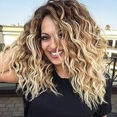 Fencca Ombre Blonde Curly Wigs for Women Medium Length Synthetic Wig Afro Wave Curly Free Part Fluffy Wig 18 inch Curly Wavy Hair Replacement Wig