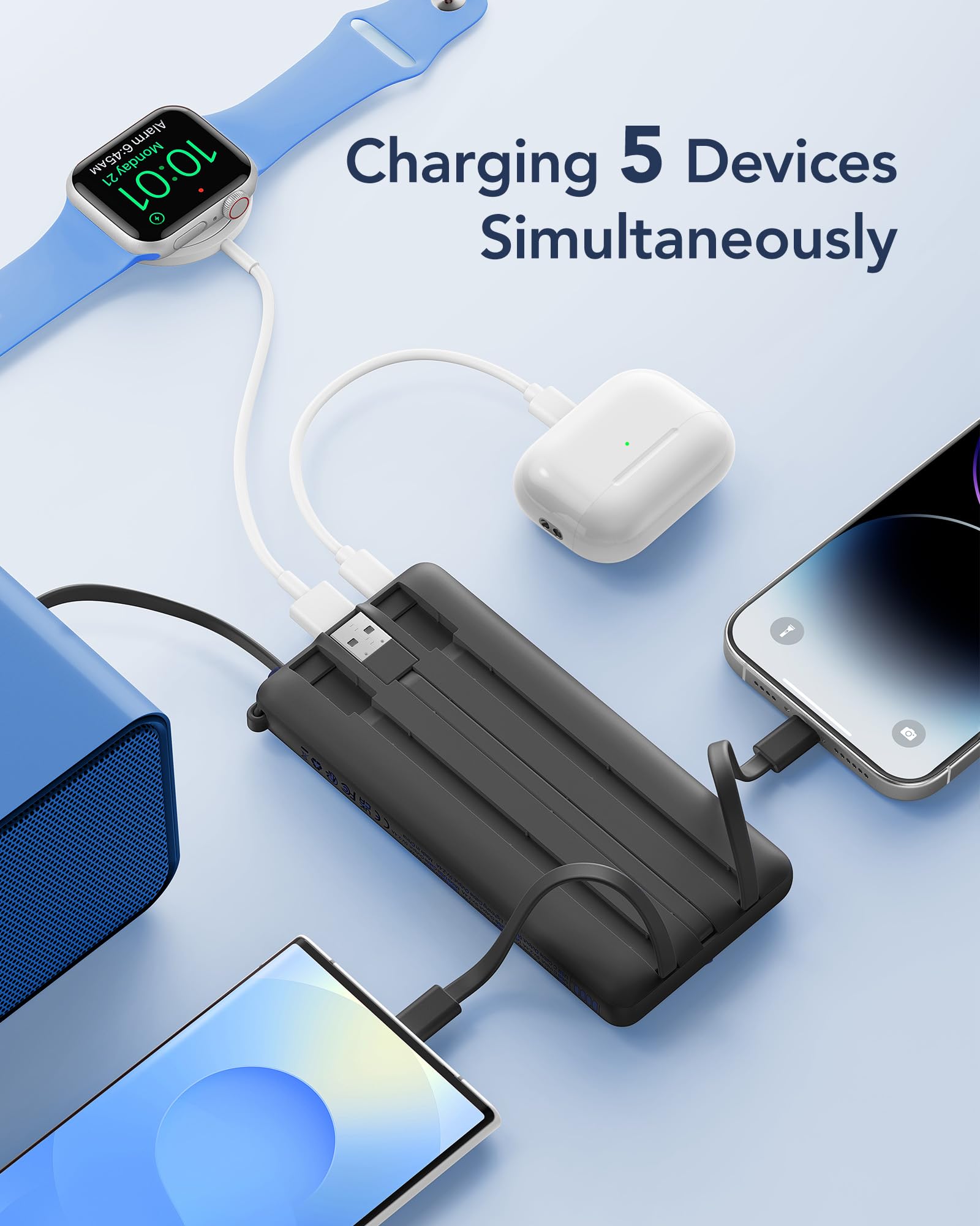 VRURC Portable Charger with Built in Cables, Slim Power Bank 10000mAh, USB C Battery Pack Travel Essential, 5 Outputs 2 Inputs Phone Charging Bank for iPhone 16 15 14 13,Samsung,Android-Black(1 Pack)
