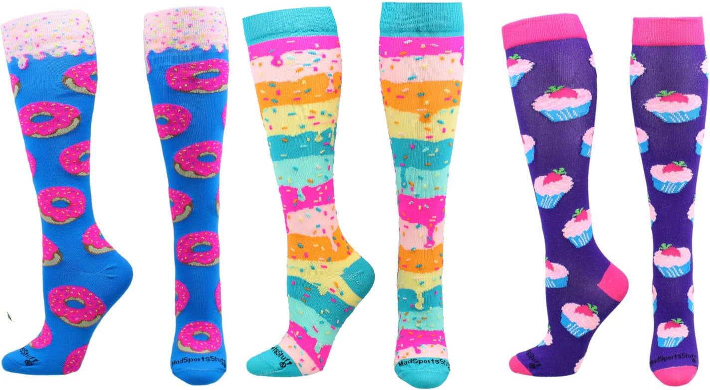 MadSportsStuff Donut Over The Calf Socks (Paradise Blue/Neon Pink, Small) : Clothing
