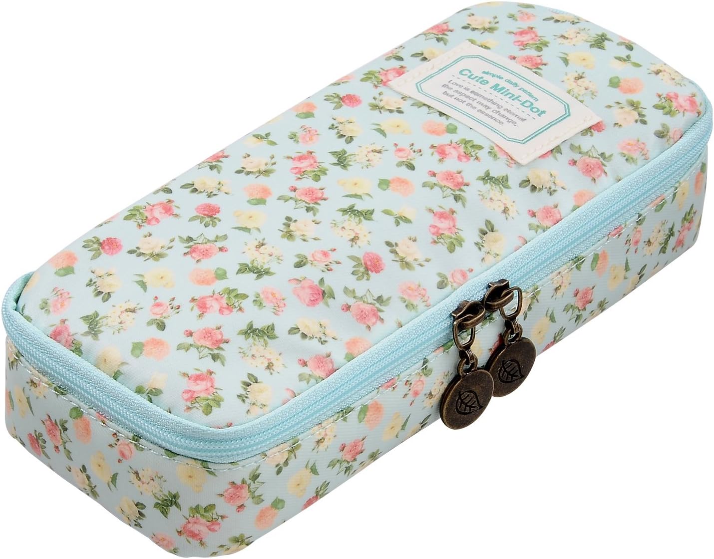 Pencil Case Large Capacity, Canvas Pastoral Rose Floral Pen Bag Pouch Stationery Box, Light Blue
