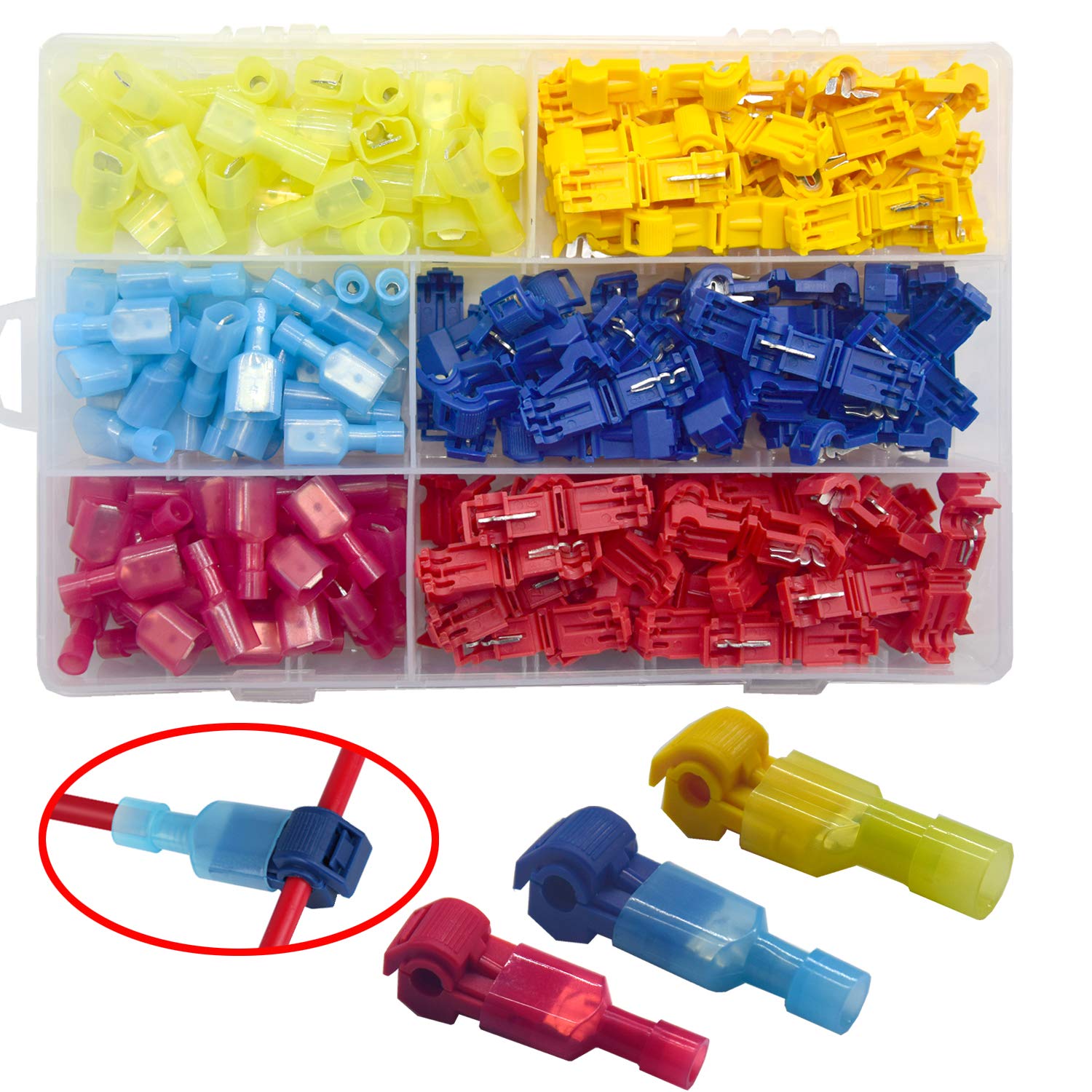 Yosawo 200-Pieces T-Tap Connectors Terminals Wire Splice Connectors，Quick Splice Electrical Connectors Self-Stripping and Nylon Fully Insulated Male Spade Disconnects Kit