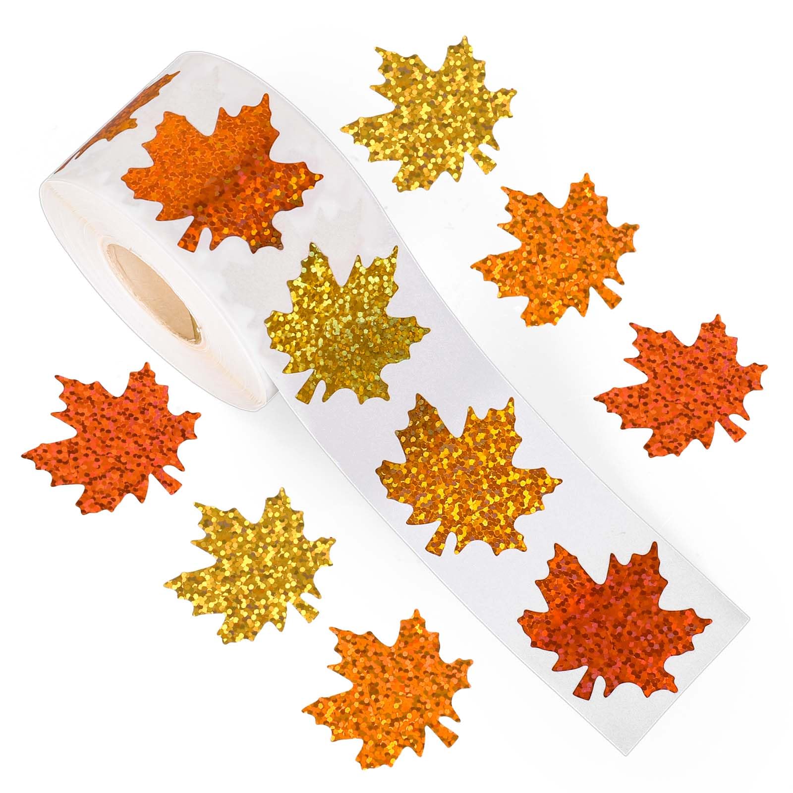 Photo 1 of Whaline Fall Maple Leaves Stickers Roll Glitter Maple Leaves Paper Decals 3 Colors Sparkly Autumn Self-Adhesive Decorative Stickers for Envelope Journal Decor Party Supplies, 500Pcs 