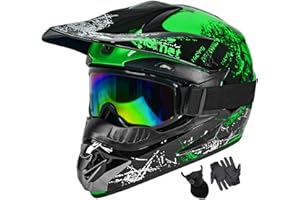 SANQING Dirt Bike Helmets Youth Motocross, Motorcycle, BMX, ATV, Off-Road, Kids Four Wheeler, Moutain Bike Helmets Dot Approved (Goggles Gloves Faceshield) (Green, Medium)