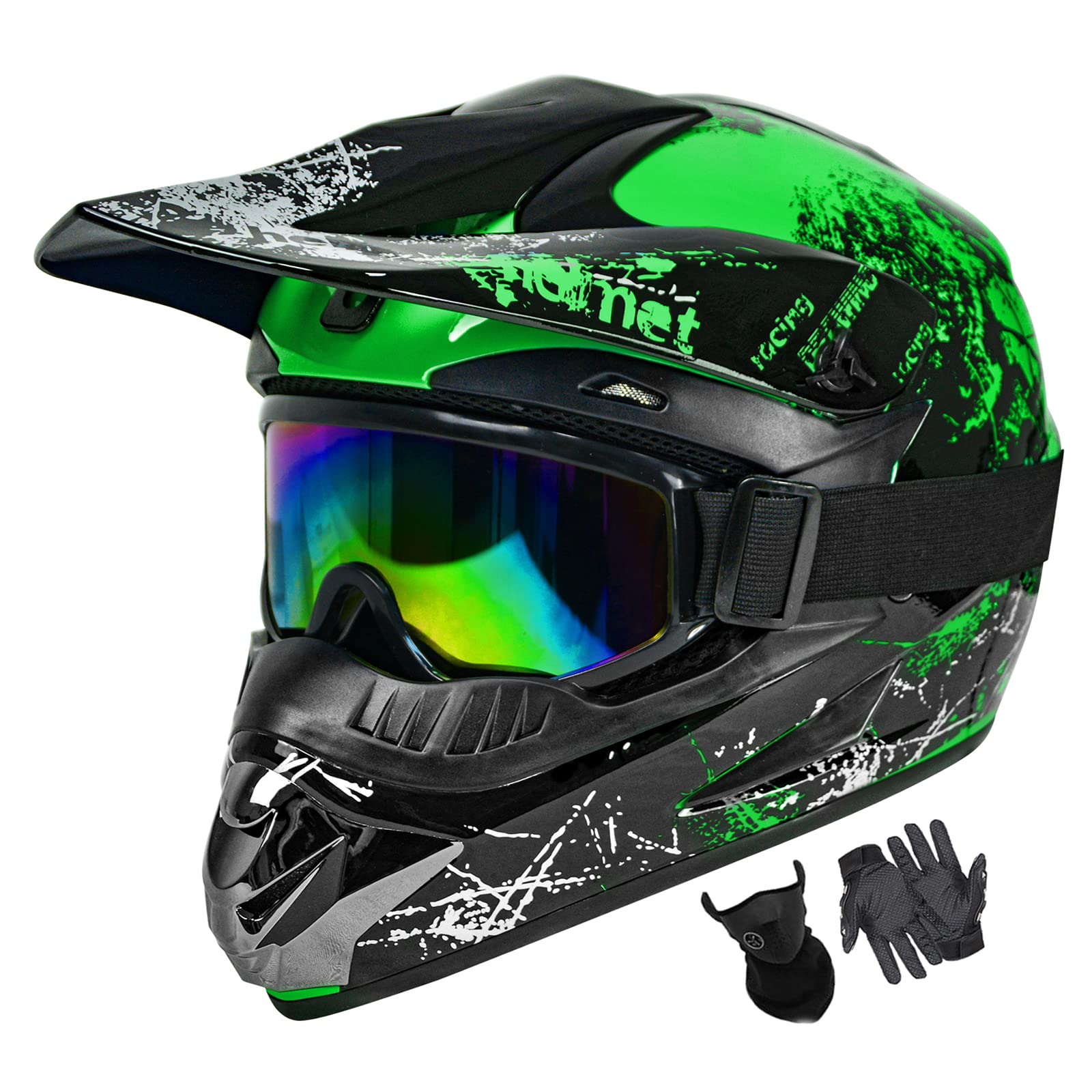 Photo 1 of Dirt Bike Helmets Youth Motocross Helmet Fashion ATV Helmets Kids Motorcycle Helmet Off-Road Moutain Bike Helmets DOT Approved (Goggles Gloves Faceshield) (Green, Medium)