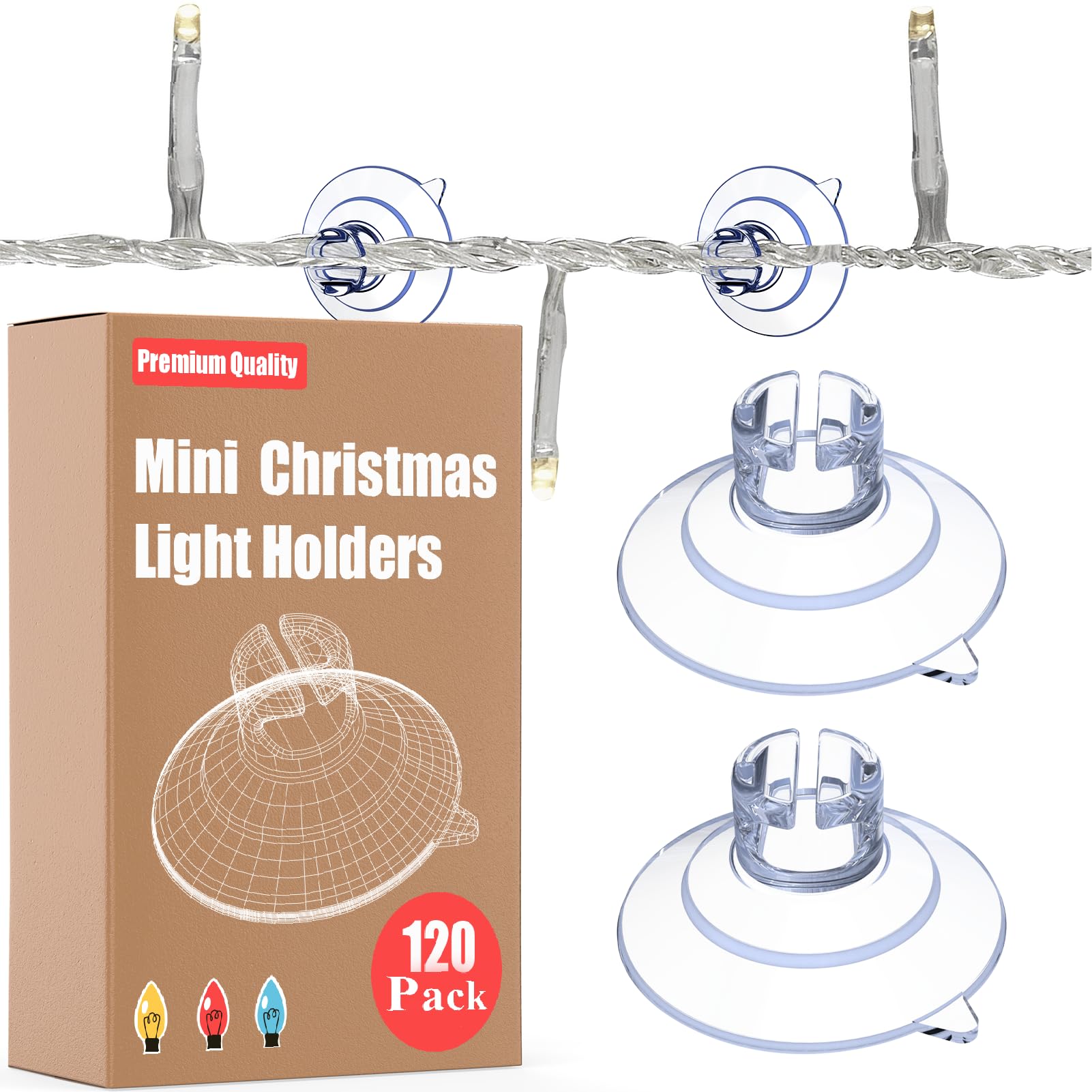 120s-Pack Mini Suction Cups for Fairy Lights, 30 mm Small Clear Suckers for Christmas Light, Light String Hooks Holders, Rope Light Caddy Window Suction Cup Clips Hang Seasonal Xmas Decorations