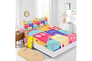 BailiPromise Kawaii Cat Sheets Queen Size 4 Piece for Girls Kids Cute Cat Lover Bedding Sheet Set Kitty Animal Printed Flat Sheet Fitted Sheet Deep Pocket 100% Microfiber