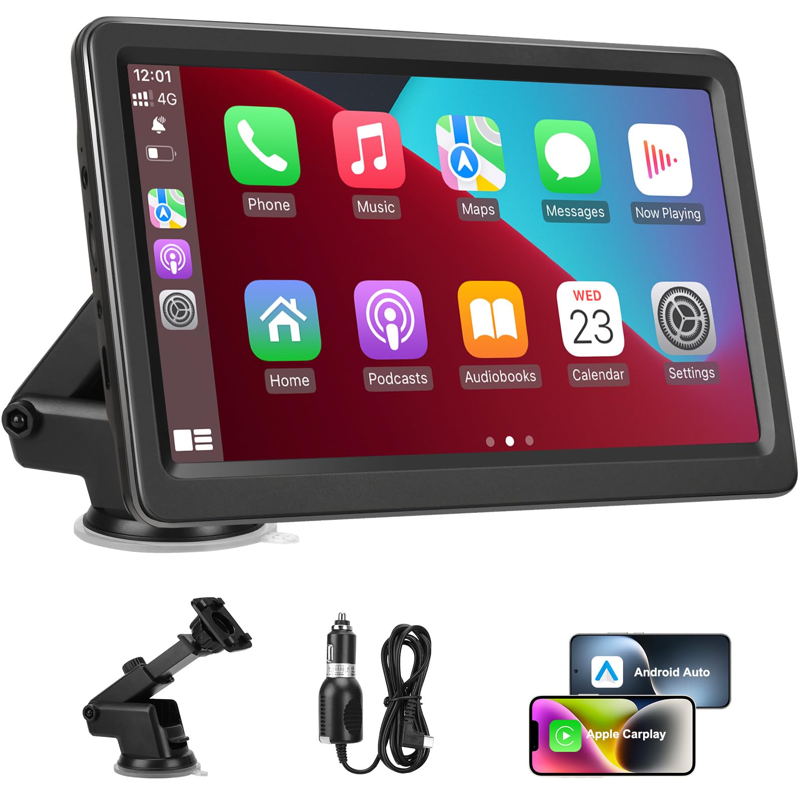 Carplay Screen for Car, 7" Wireless Carplay & Android Auto, Portable HD Touchscreen with Mirror Link, GPS Navigation, Voice Control, Hands-Free Calling, Bluetooth/AUX/FM, Plug & Play Car Play Screen