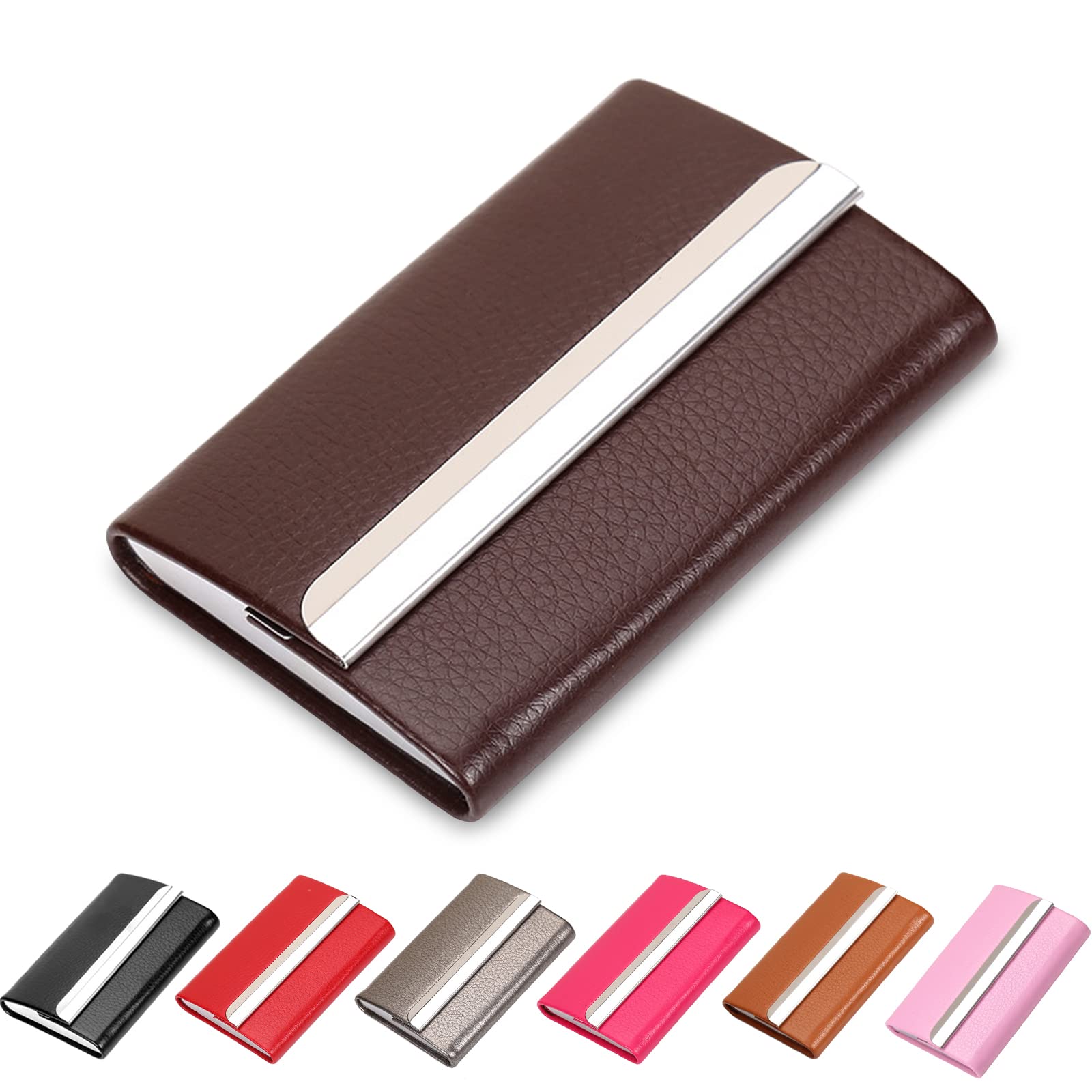 Waylipun Business Card Holder, Professional PU Leather & Stainless Steel, Unisex Adults, Modern, Coffee, Slim, Magnetic Closure, Lightweight, Large Capacity