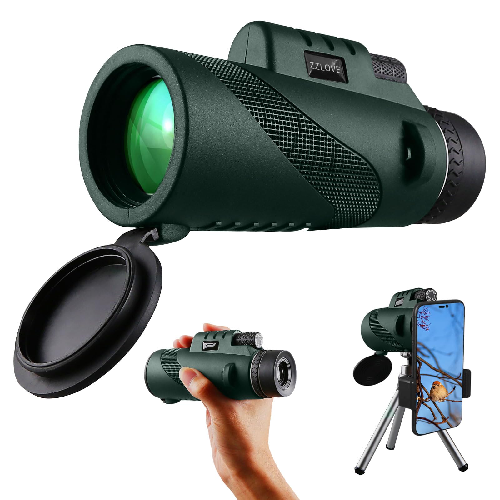 ZZLOVE 40x60 Monocular-Telescope High Powered Monocular for Adults Monocular for Smartphone Adapter Monocular Telescope Hunting Wildlife Bird Watching Travel Camping Hiking (Green)