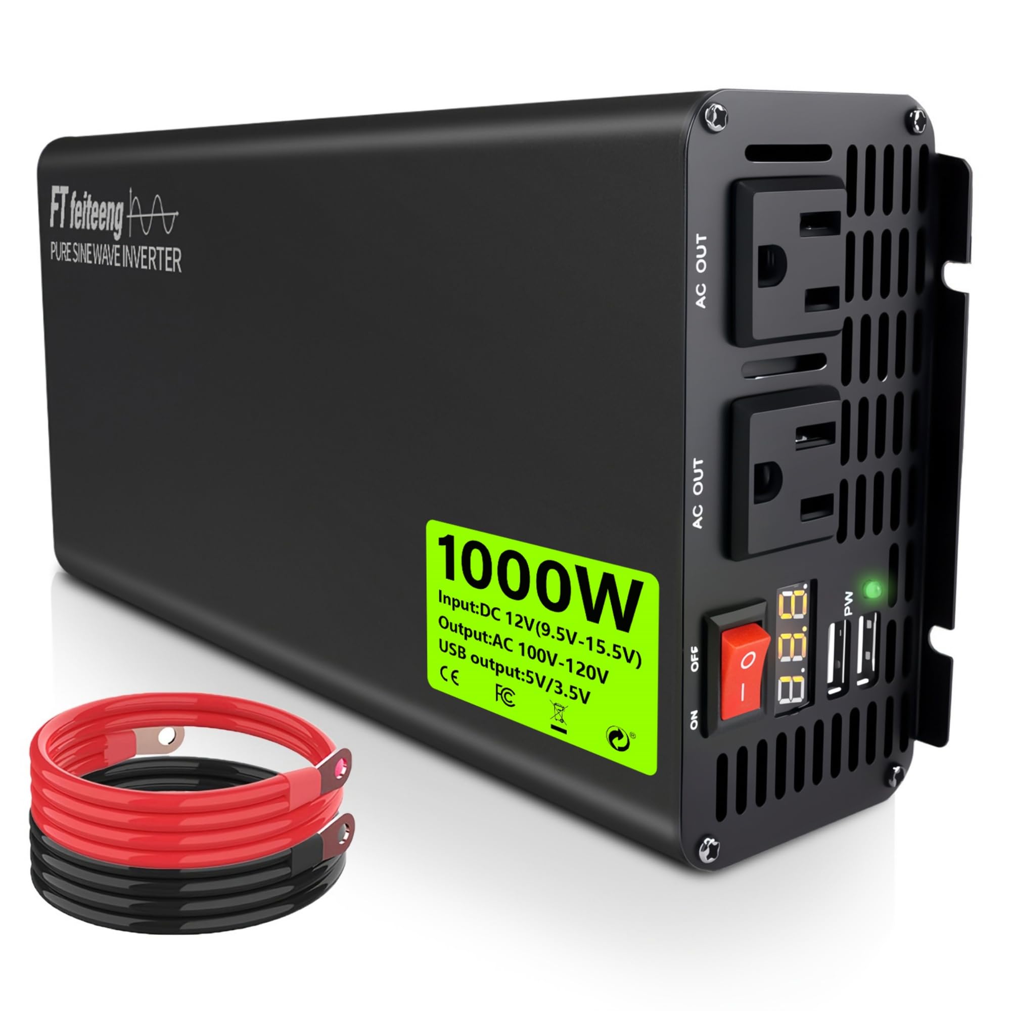 View 1 of 1000watt Pure Sine Wave Inverter 12v Dc to 120v Ac,60hz Includes Battery Cables/2 Ac Outlets/2 USB Ports,Uitable for Laptops, Vehicles, Rvs, Homes, Camping, Cars, Trucks?2000w Peak Car Power Inverter