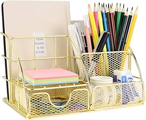 LEORISO Desk Organizer Supplies, Gold Office Organizer with Mail Organizer, Pen Holder, Paper Organizer & Desk Drawer Organizer, Metal Multifunctional Desktop Organizer for Office, School & Home
