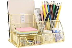 LEORISO Desk Organizer with Drawer, Gold Makeup Organizer, Multifunctional Metal Mail Organizer, Pen Pencil Holder, Paper Fil