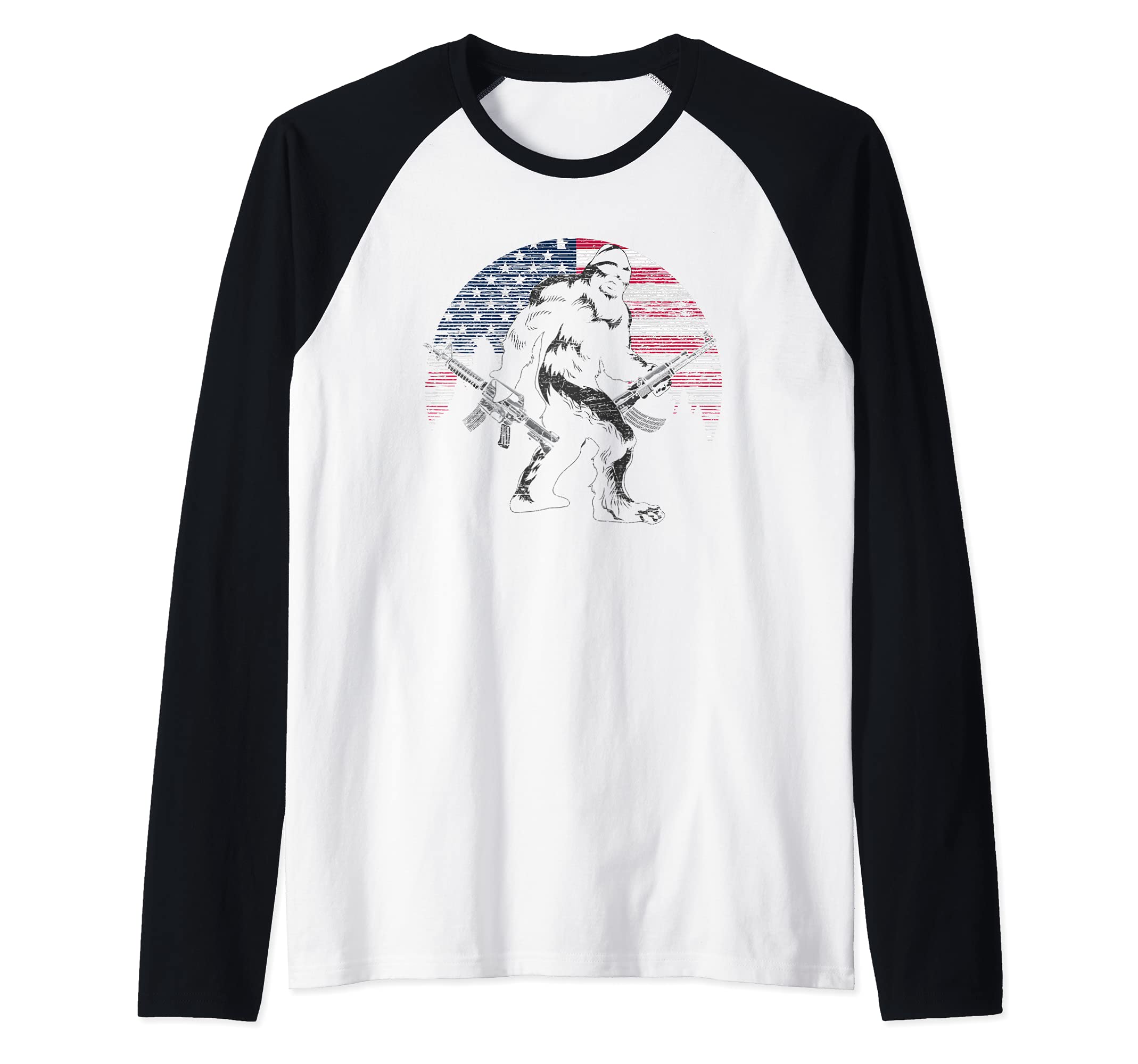 USA Flag Sasquatch Gun 2nd Amendment Conspiracy Bigfoot Raglan Baseball Tee