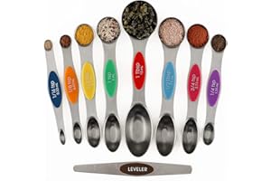 FORKMANNIE Magnetic Measuring Spoons Set of 9 Stainless Steel Stackable Dual Sided Teaspoon Tablespoon for Measuring Dry and Liquid Ingredients Fits in Spice Jars