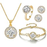 Wovanoo Women 4Pieces Cubic Zirconia Jewellery Set Rhinestone Necklace Earrings Bracelet Ring