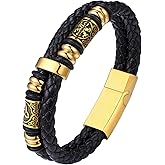 Bestyle Genuine Men Leather Bracelets Fashion Stainless Steel Celtic Beaded Wristband for Men, Size 7.5/8.3/9.1/9.8Inch Men Bracelet, Message Card Offered