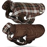 VIVAGLORY Softjoy Dog Coat, Dog Jacket for Winter & Christmas, Coat with Harness Hole, Reversible Plaid Checkered Warm Fluffy Heavy Duty for Puppy, S, Coffee