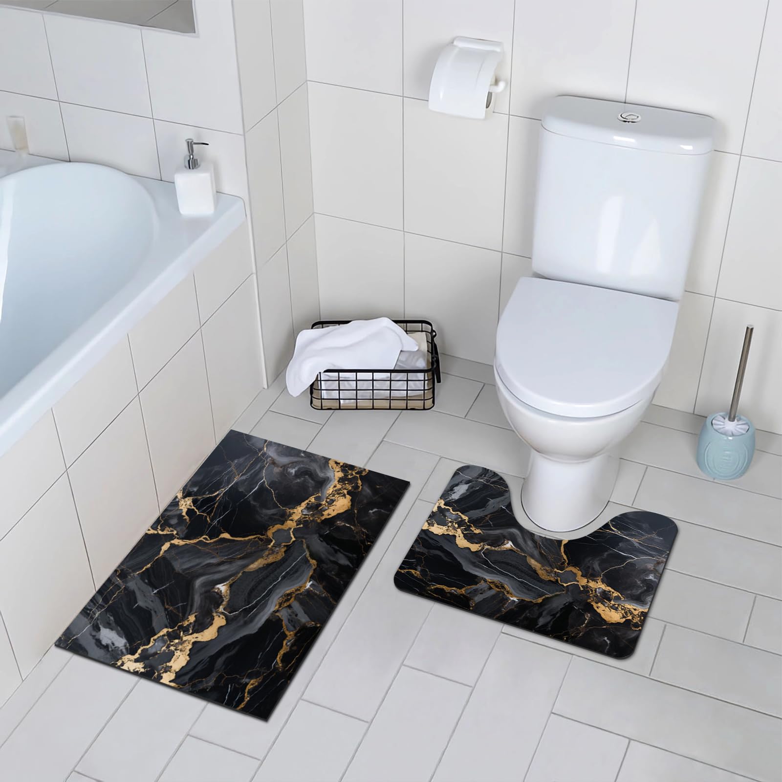 comfoyar 2 Pieces Bath Mat and Toilet Mat Set, Black Marble Pattern Quick Dry Bathroom Mats, Non-slip Bathtub Rug for Bathroom Sink Toilet, 40 × 60 cm + 40 × 50 cm