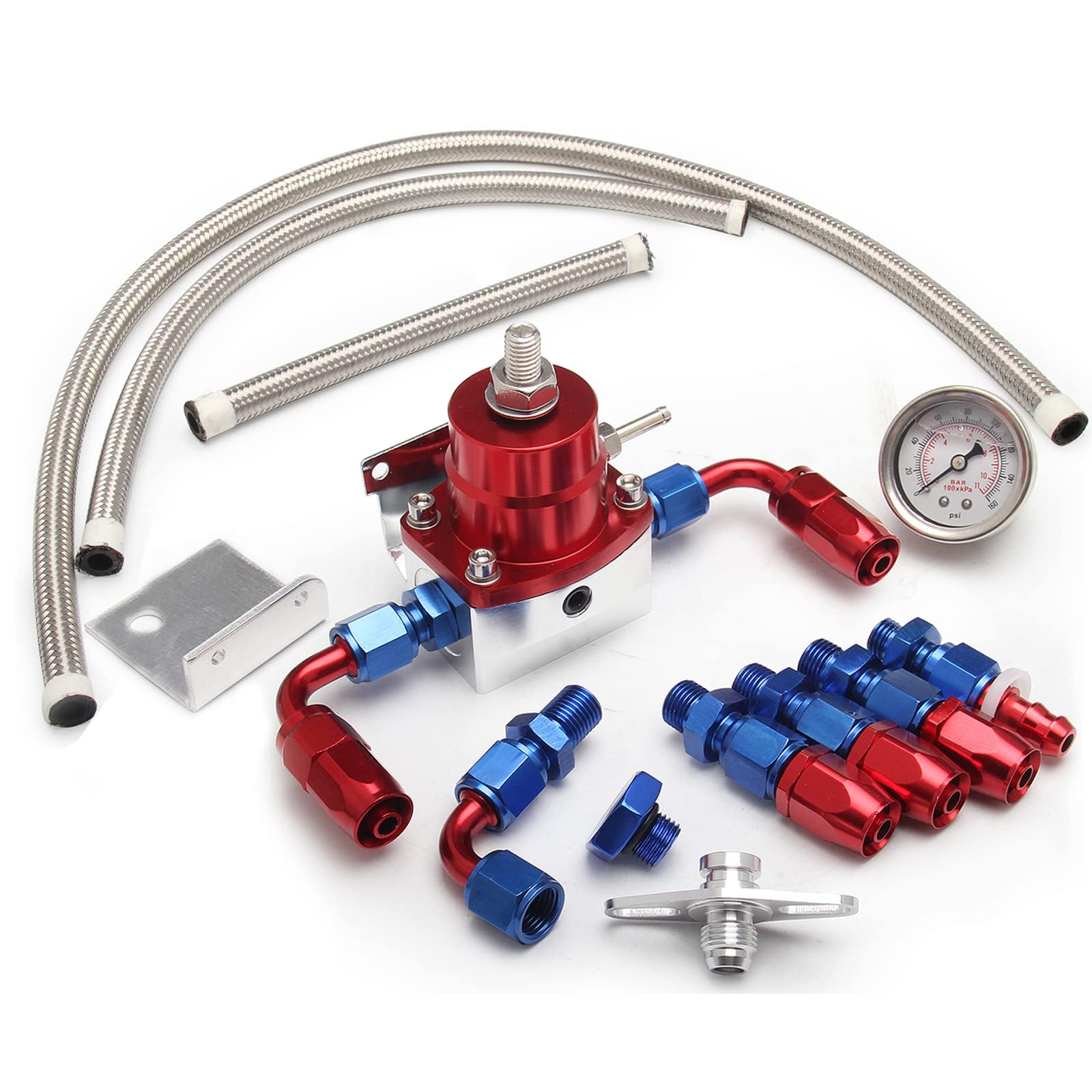Photo 1 of YESHMA EFI Fuel Pressure Regulator Kit 0-100psi with Gauge 6AN Fuel Line Fitting Universal Adjustable Aluminum (Blue+Red)