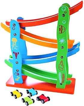 AV INT Kids Wooden Colorful Miniature Cars Sliding Track Racer Set of 4