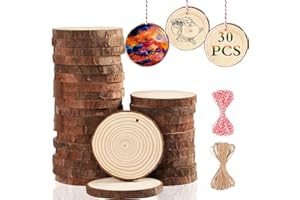 Artmag Natural Wood Slices 30pcs 2.8"-3.1" Unfinished Predrilled with Hole Round Wooden Circles DIY Crafts for Arts Rustic We