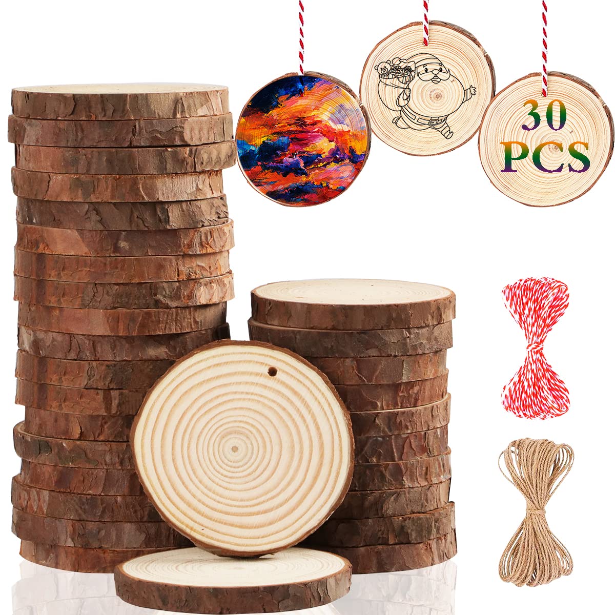 Ywlake Natural Wood Slices 30pcs 7-8cm Unfinished DIY Crafts Pre-drilled with Hole Round Wooden Circles for Painting Arts Rustic Wood Slices Christmas Ornaments Decor