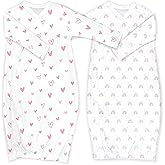 Cambria Baby 100% Organic Kimono Gowns. Side Snaps with Built in Mitts. (Hearts and Rainbows, 0-6 Months)