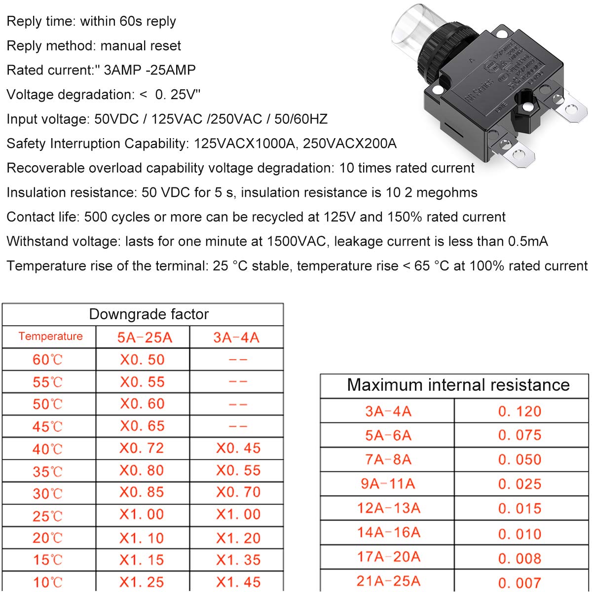 DIYhz 18Amp Circuit Breakers Thermal Overload Switch Protector 88 Series Manual Push Button Reset with Quick Connect Terminals and Waterproof Button Cap 32VDC or 125/250VAC - view 5