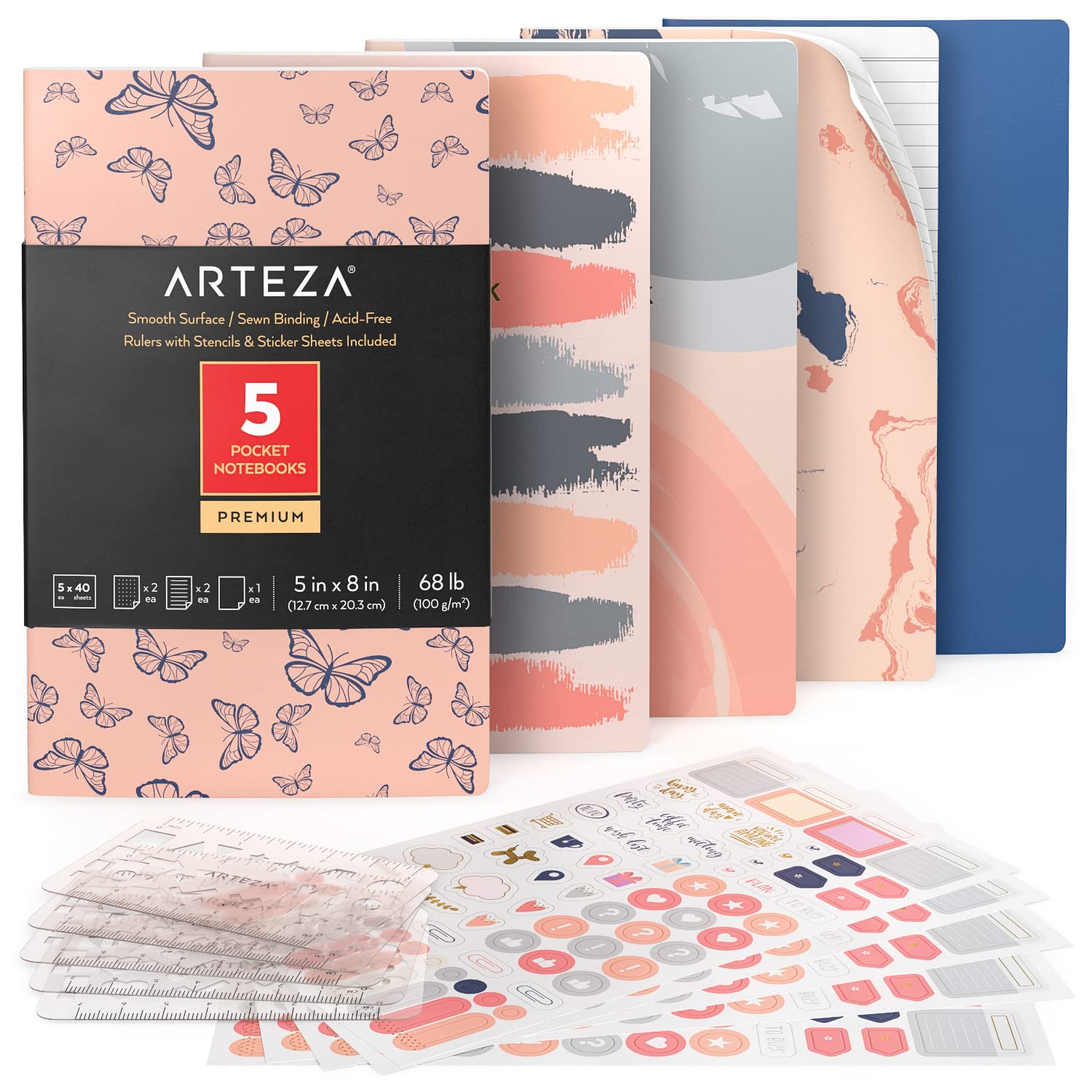 ARTEZA Pocket Notebooks, Set of 12.7 cm x 20.3 cm, 40 Sheets Each, Butterfly Designs, 2 Dotted, 2 Ruled, and 1 Blank Softcover Journal with Smooth Paper, Art Supplies for Writing and Sketching
