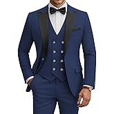 WULFUL Men's 3 Piece Suits Slim Fit Tuxedo Suit Set Double Breasted Suit Jacket Vest Pants Set for Wedding Prom
