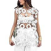 Yimoon Womens Hollow Out Floral Lace Vest Sleeveless Long Crochet Cover Up Crewneck Going Out Tops