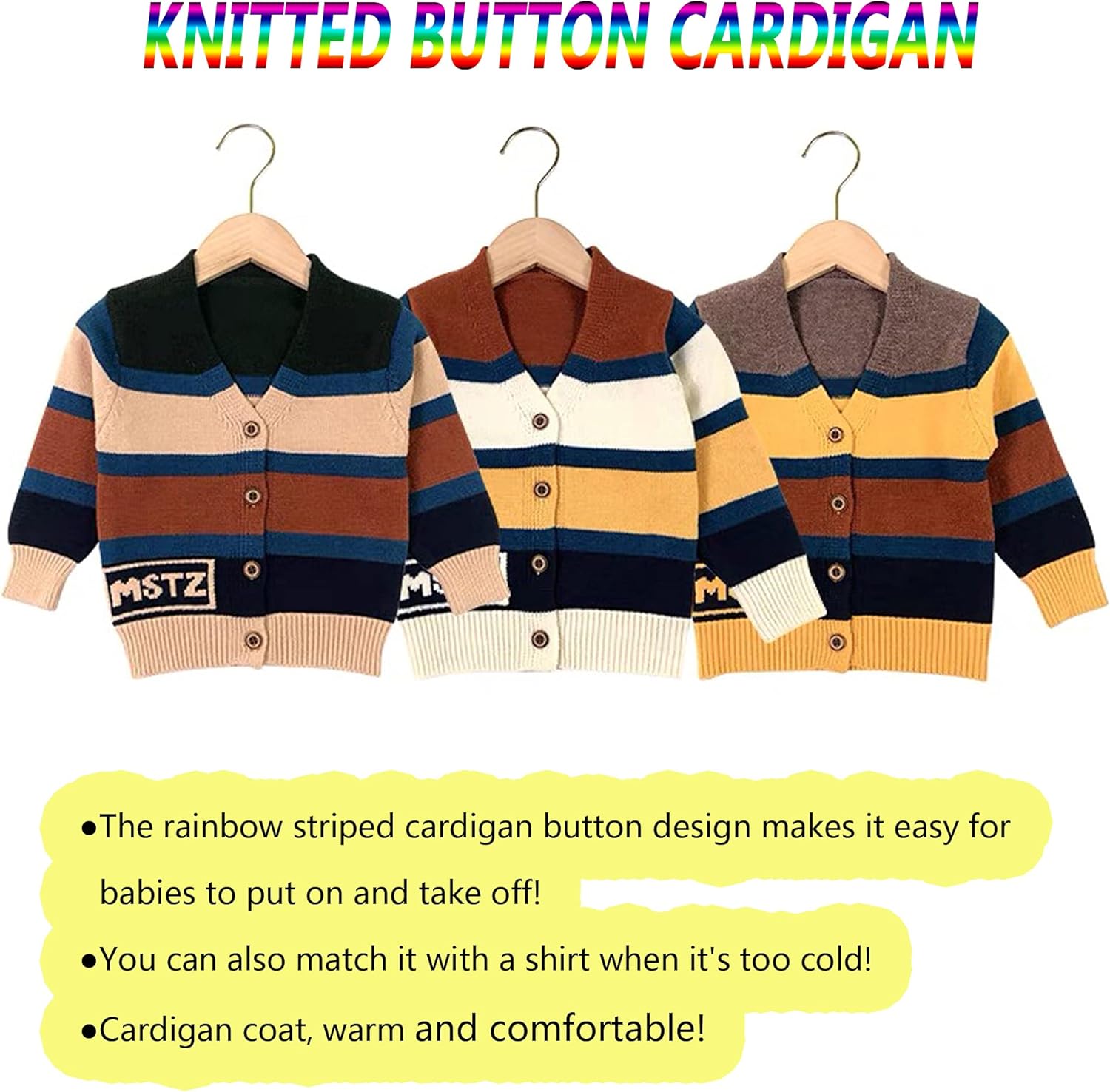 MSTOZE Infant Baby Boy Baby Girl Small Knitted Cardigan Button V-Neck Sweater, Rainbow Striped Cardigan Warm Sweater: Clothing