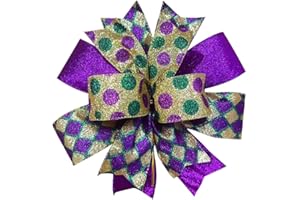 CHMOART Mardi Gras Wreath Bow 11 x 11 Inches Large Fat Tuesday Bows Glitter Stripes Dots Ribbon Bow New Orleans Carnival Season Farmhouse Bow Tree Ornament for Home Front Door Decorations